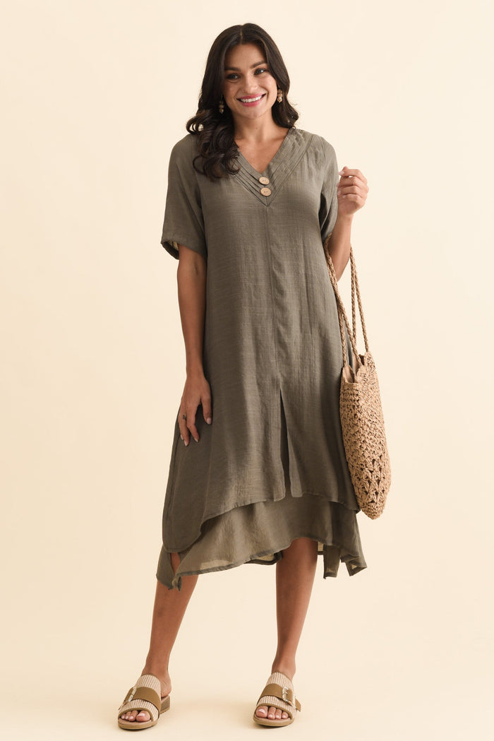 Nala Khaki Layers Dress,Brunette model,alt text|model:Brontie