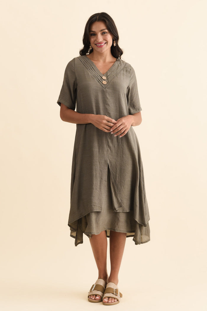 Nala Khaki Layers Dress,Brunette model,alt text|model:Brontie