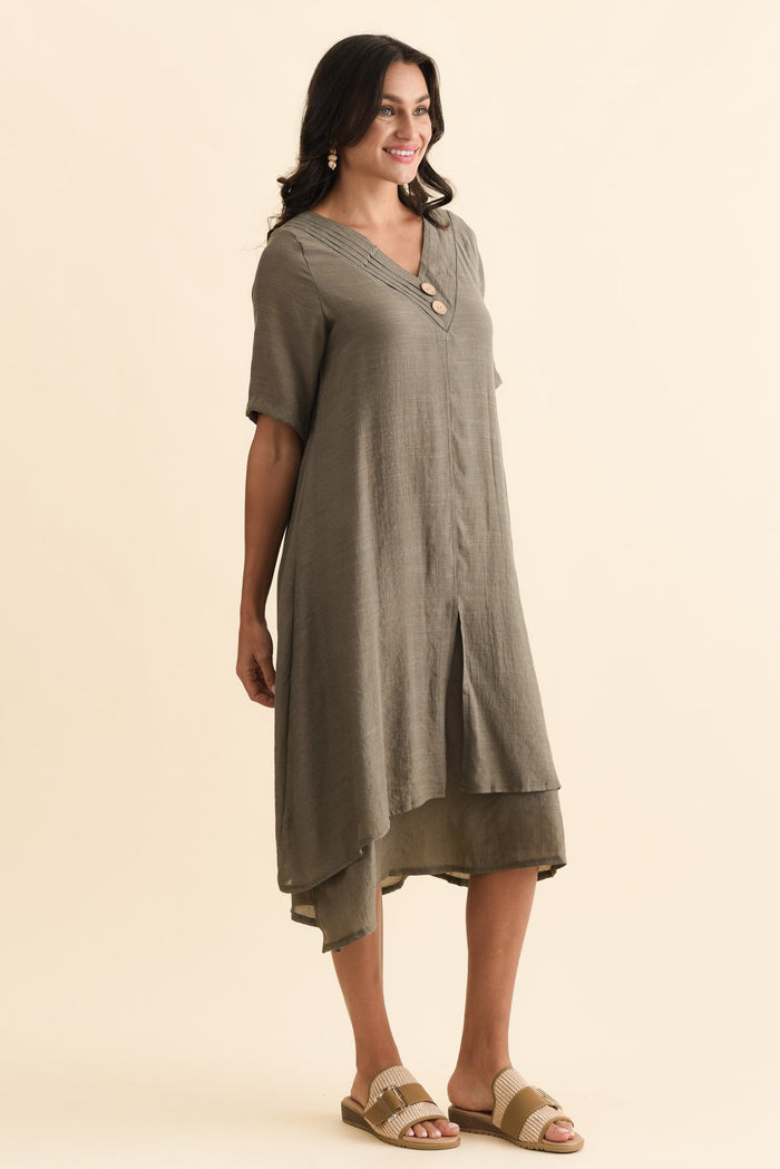 Nala Khaki Layers Dress,Brunette model,alt text|model:Brontie