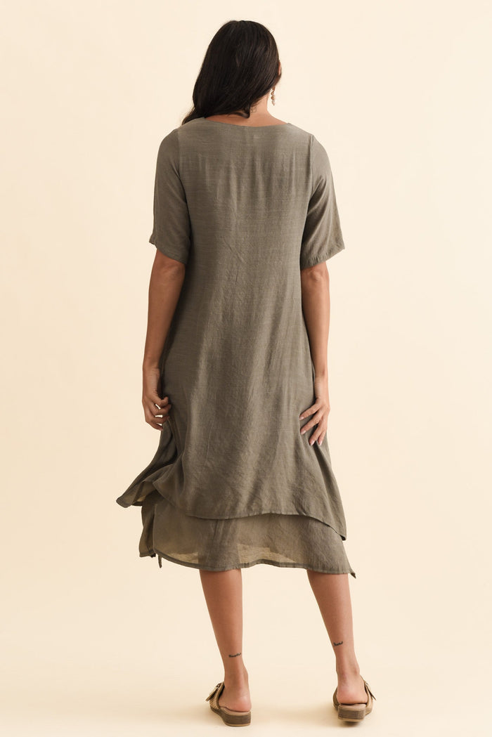 Nala Khaki Layers Dress,Brunette model,alt text|model:Brontie