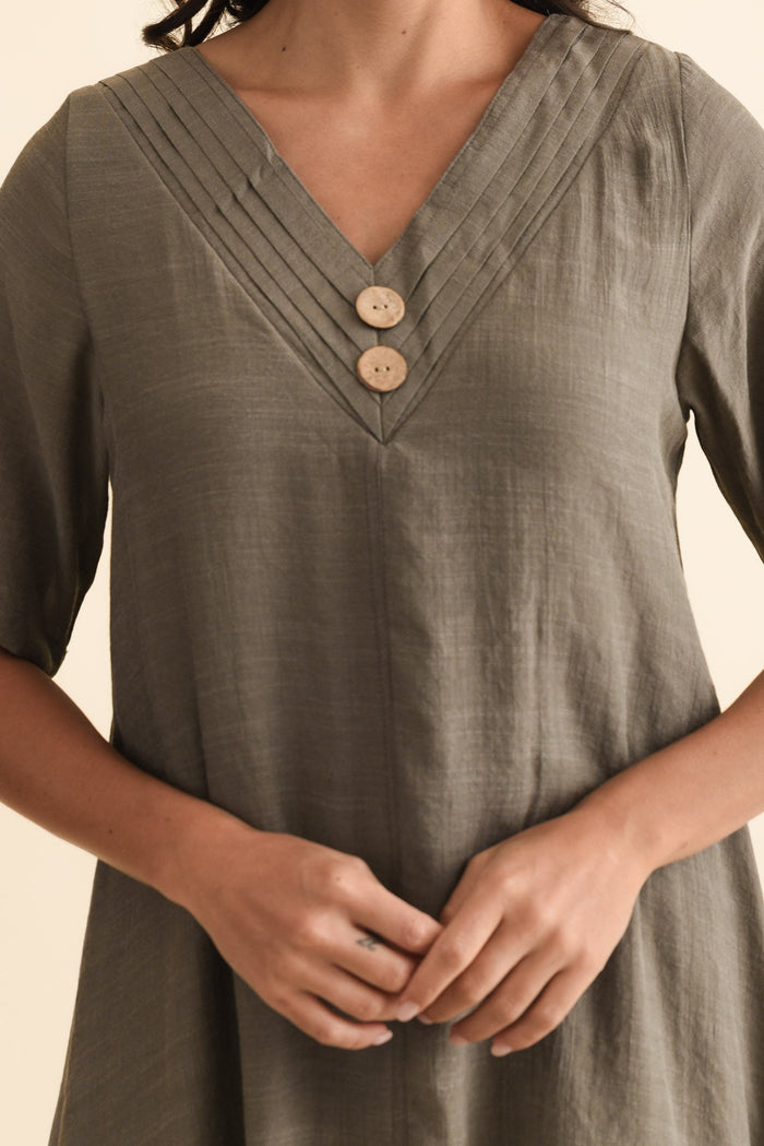 Nala Khaki Layers Dress,Brunette model,alt text|model:Brontie