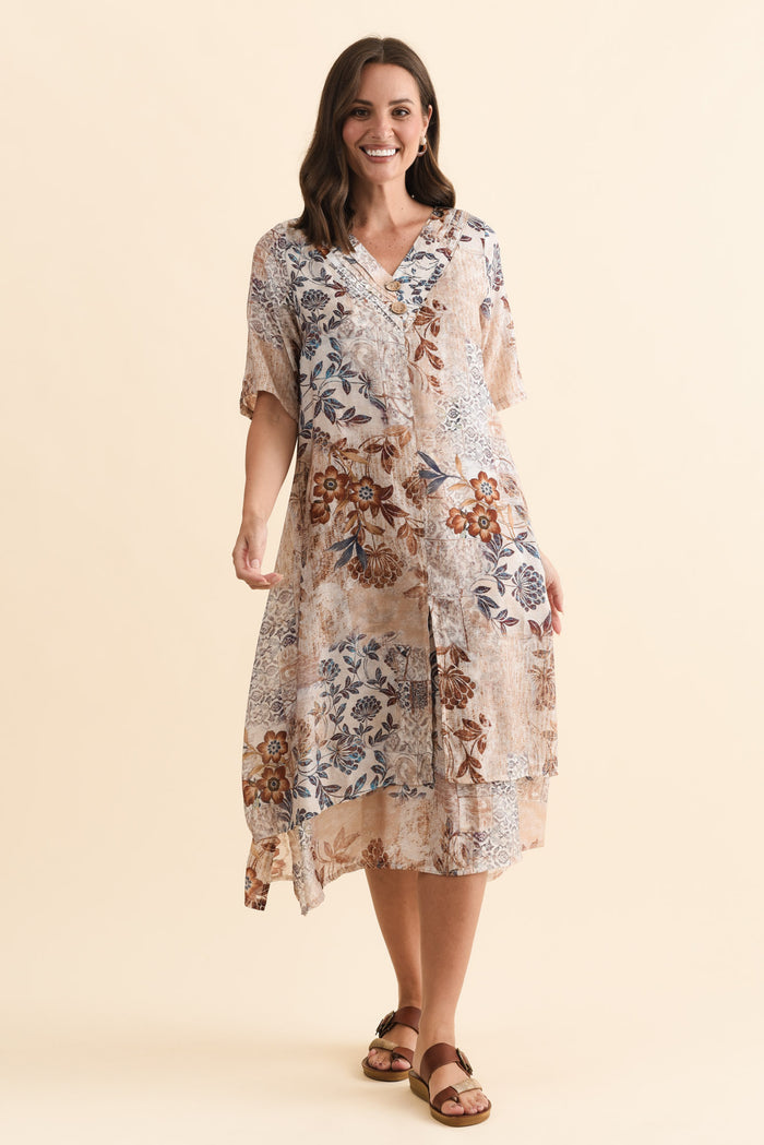 Nala Mocha Garden Layers Dress,Brunette model,alt text|model:MJ