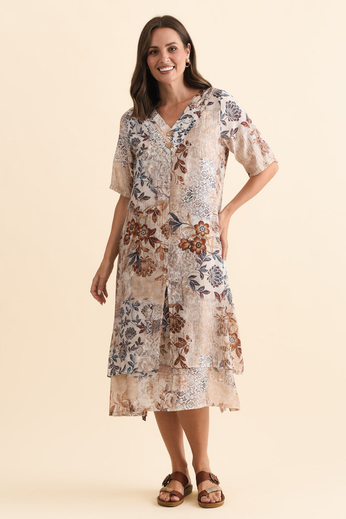Nala Mocha Garden Layers Dress,Brunette model,alt text|model:MJ