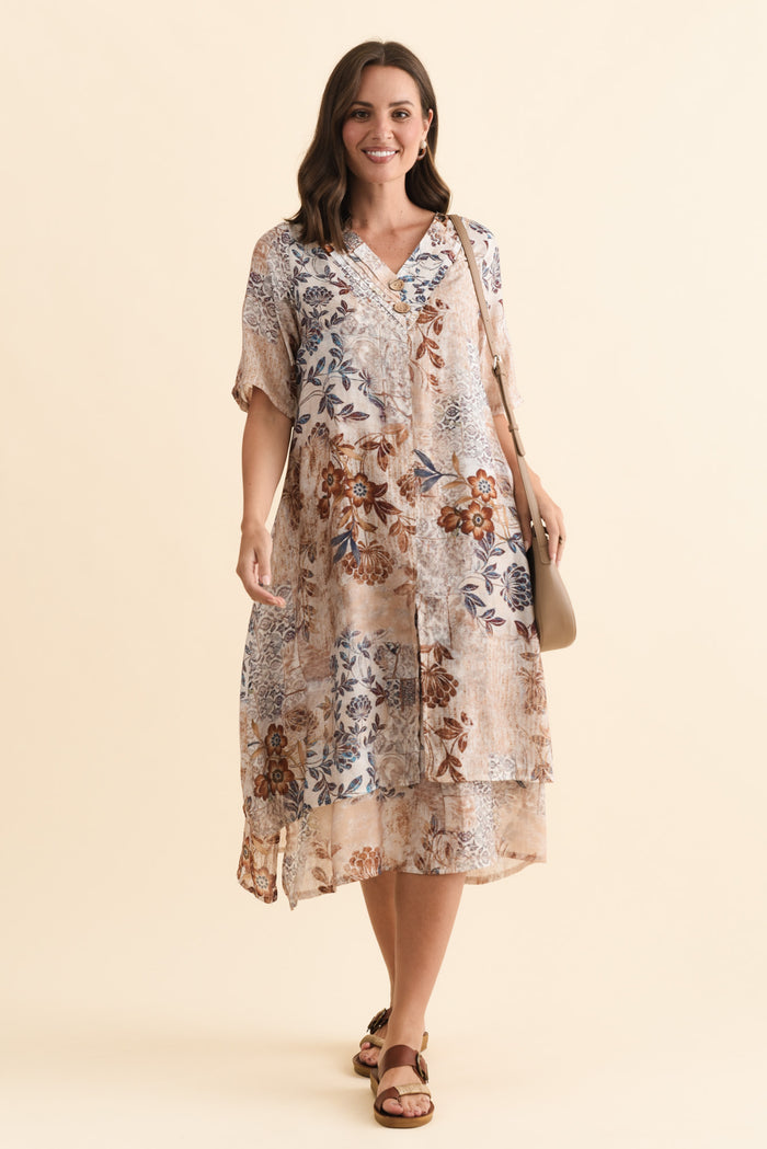 Nala Mocha Garden Layers Dress,Brunette model,alt text|model:MJ