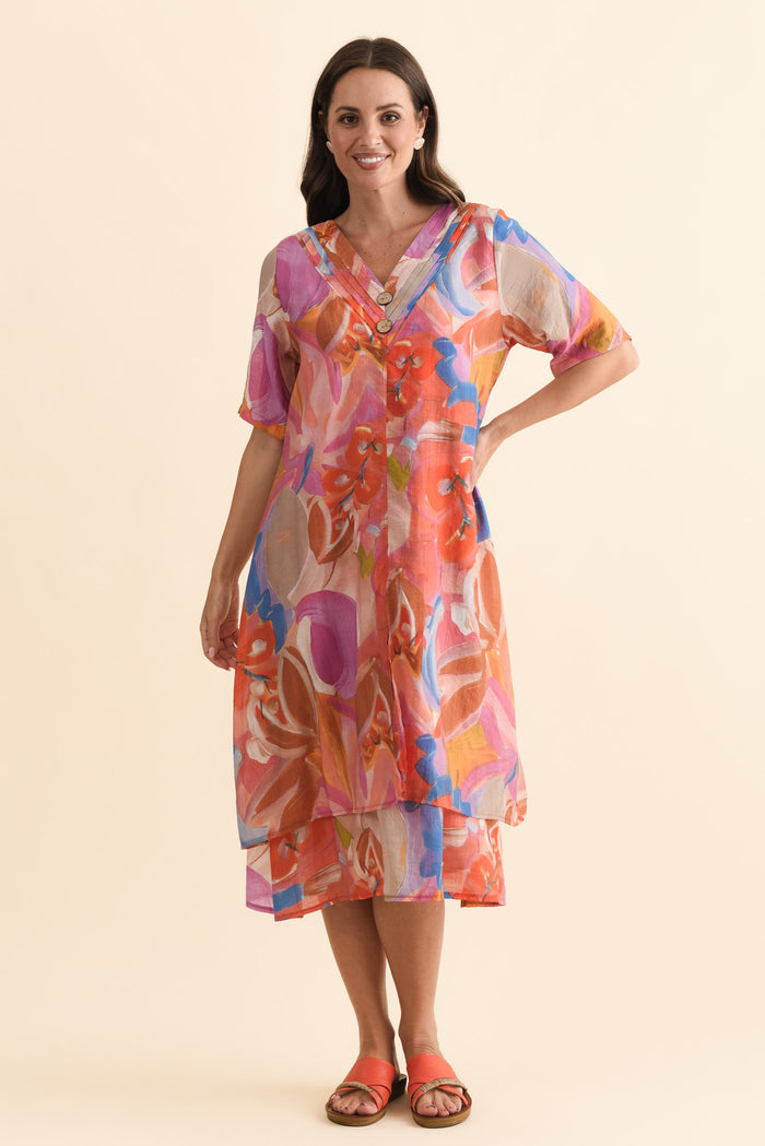 Nala Rust Abstract Layers Dress,Brunette model,alt text|model:MJ