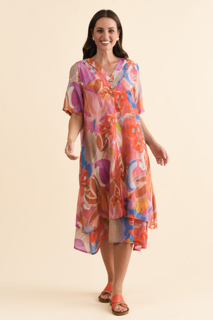 Nala Rust Abstract Layers Dress,Brunette model,alt text|model:MJ