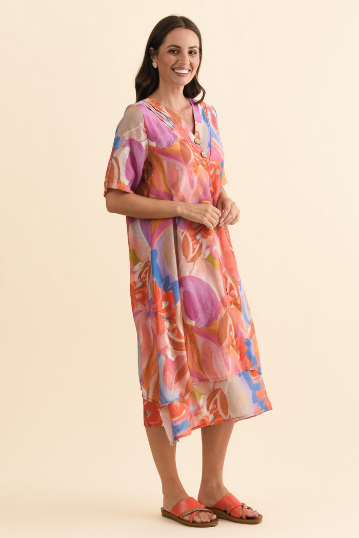 Nala Rust Abstract Layers Dress,Brunette model,alt text|model:MJ