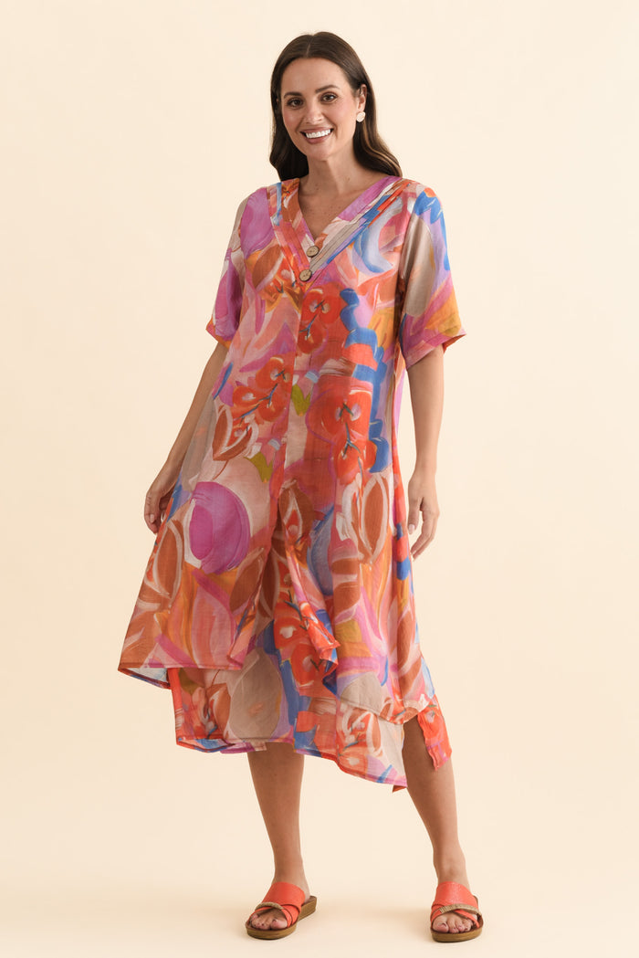 Nala Rust Abstract Layers Dress,Brunette model,alt text|model:MJ