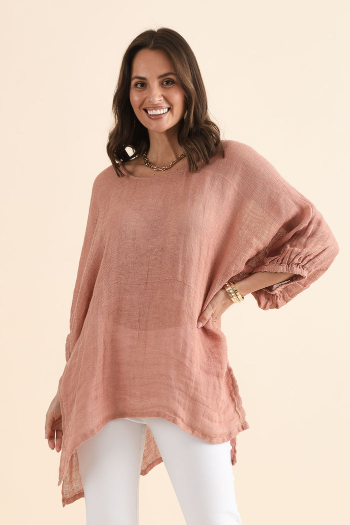 Nassau Blush Linen Top,Front,Brunette model,alt text|model:MJ