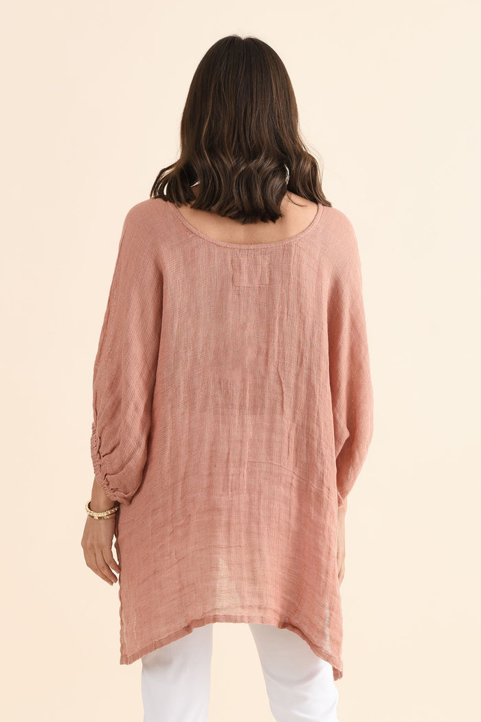 Nassau Blush Linen Top,Back,Brunette model,alt text|model:MJ