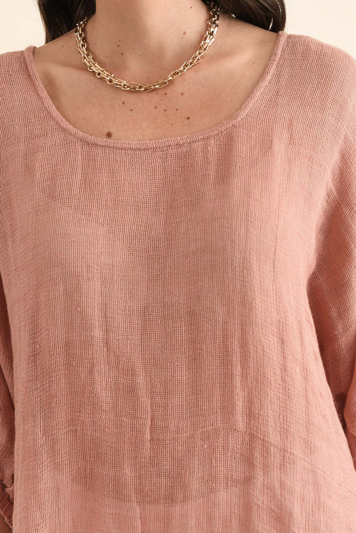 Nassau Blush Linen Top,Detail,Brunette model,alt text|model:MJ