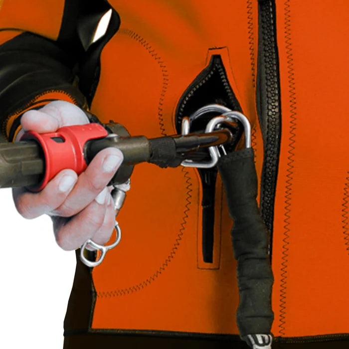 Spreader bar hook passing through the harness opening zipper of the red Platinum Sun neoprene kitesurfing jacket