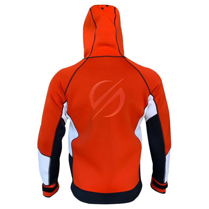Back view of the red Platinum Sun neoprene jacket hoodie with adjustable hood and logo print
