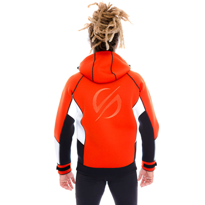 Man wearing the red Platinum Sun neoprene jacket windbreaker, back view showing hood and logo