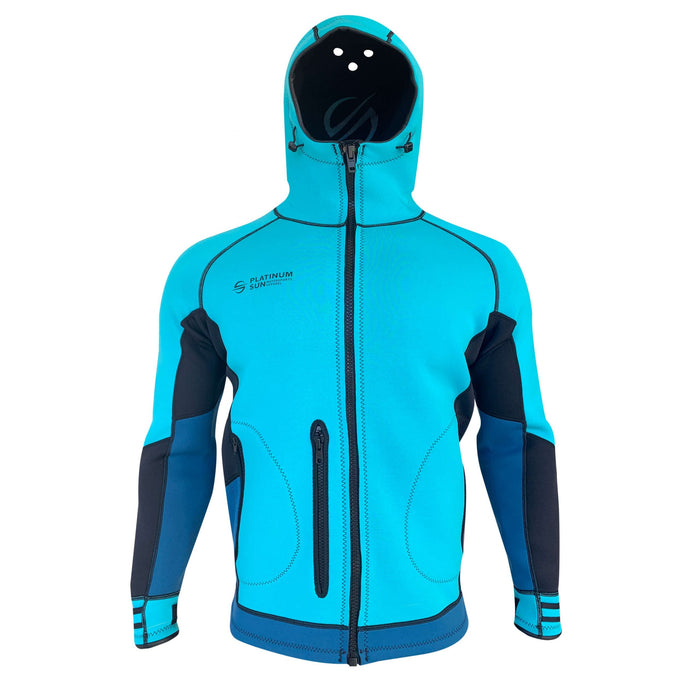 Aqua Platinum Sun neoprene jacket hoodie, front view with full front zip, chest pocket and hood drawcords
