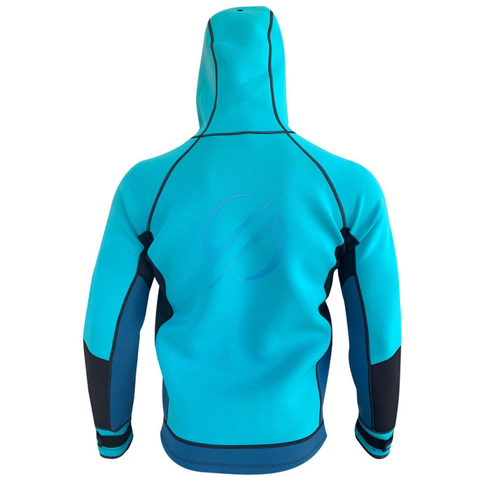 Back view of the aqua Platinum Sun neoprene jacket hoodie with navy panels and adjustable hood