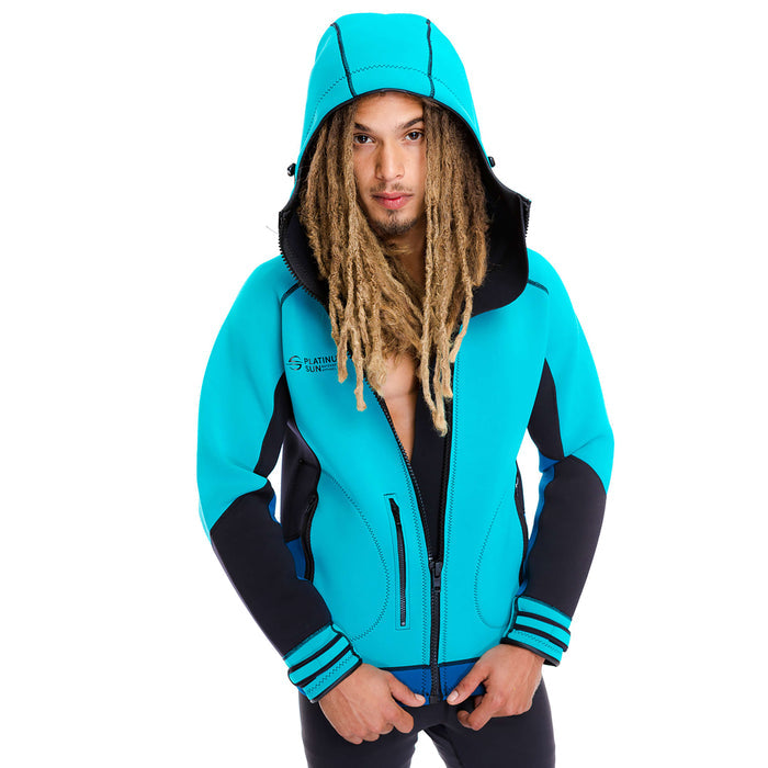 Man wearing the aqua Platinum Sun neoprene jacket with the hood up, front unzipped