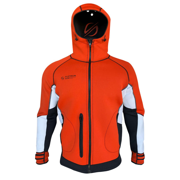 Red Platinum Sun neoprene jacket hoodie, front view with full front zip, chest pocket and drawcord hood