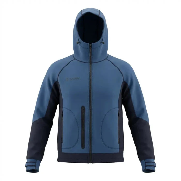 Steel Blue Platinum Sun neoprene jacket hoodie, front view with drawcord hood, front zip and zippered chest pocket
