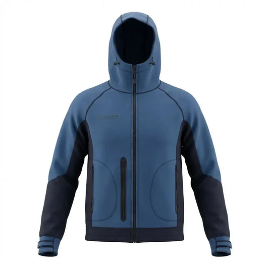 Steel Blue Platinum Sun neoprene jacket hoodie, front view with drawcord hood, front zip and zippered chest pocket