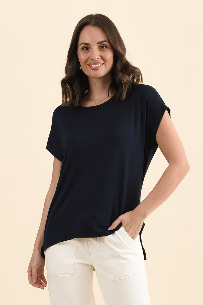 Newton Navy Drape Tee,Front,Brunette model,alt text|model:MJ