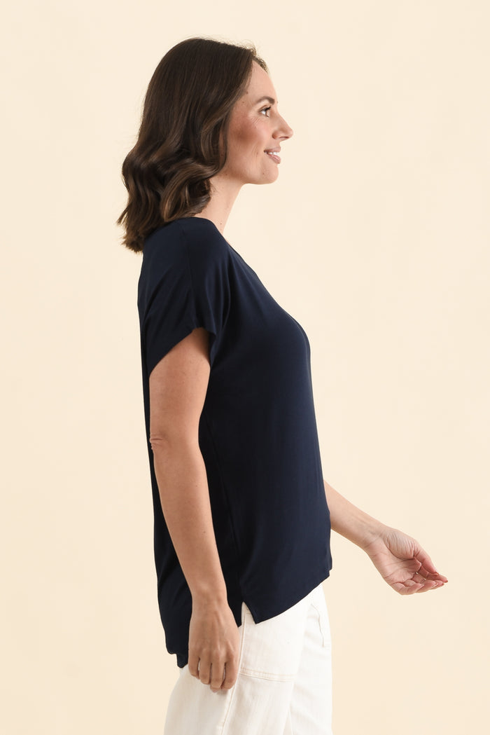 Newton Navy Drape Tee,Side,Brunette model,alt text|model:MJ