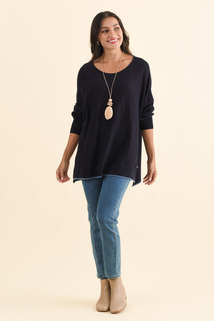 Nick Navy Organic Cotton Knit Jumper,Brunette model,alt text|model:Brontie