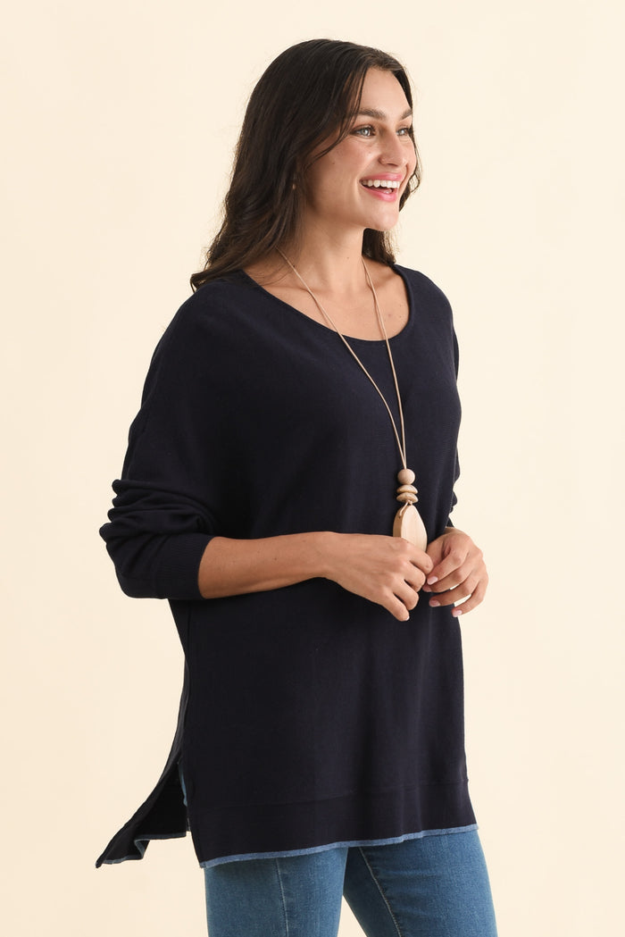 Nick Navy Organic Cotton Knit Jumper,Brunette model,alt text|model:Brontie