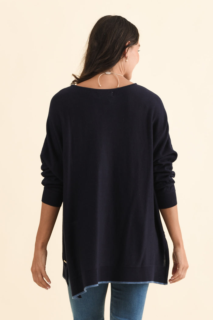 Nick Navy Organic Cotton Knit Jumper,Brunette model,alt text|model:Brontie