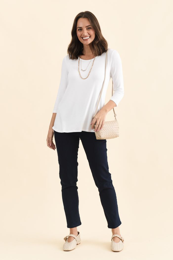 Nicky White 3/4 Sleeve Top,Full Body,Brunette model,alt text|model:MJ