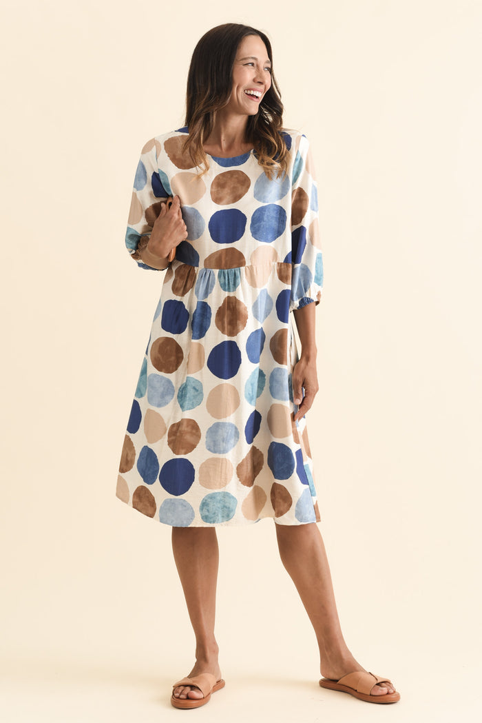 Nicolette Navy Spot Cotton Blend Sleeved Dress,Brunette model,alt text|model:Cara