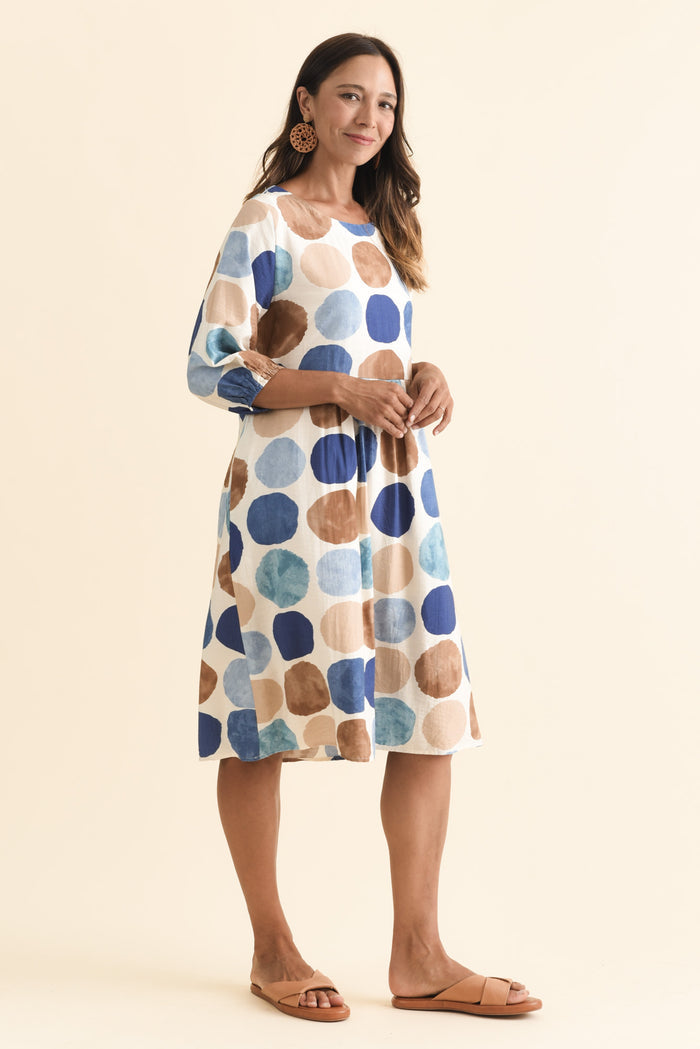 Nicolette Navy Spot Cotton Blend Sleeved Dress,Brunette model,alt text|model:Cara