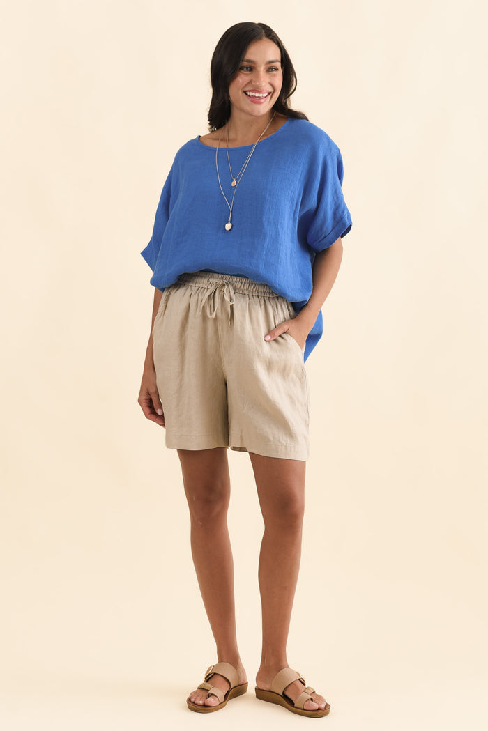 Nirah Beige Linen Pocket Shorts,Brunette model,alt text|model:Brontie
