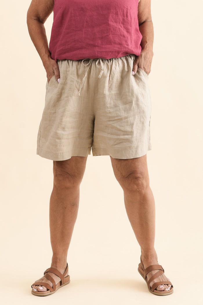 Nirah Beige Linen Pocket Shorts,Front,Brunette model,alt text|model:Pilita