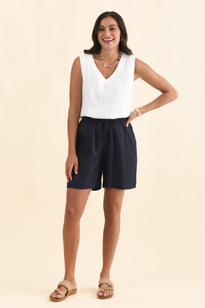Nirah Navy Linen Pocket Shorts,Brunette model,alt text|model:Brontie