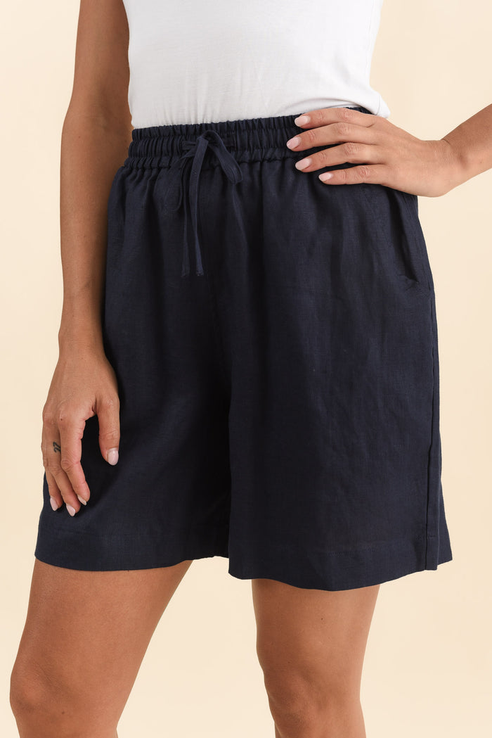 Nirah Navy Linen Pocket Shorts,Brunette model,alt text|model:Brontie