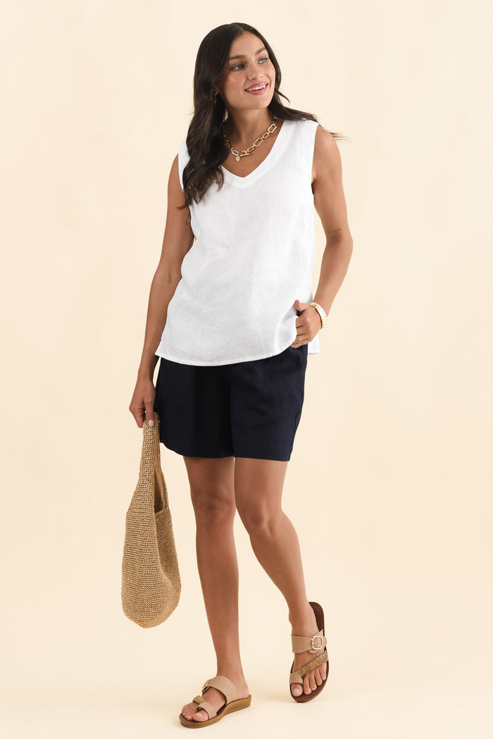 Nirah Navy Linen Pocket Shorts,Brunette model,alt text|model:Brontie