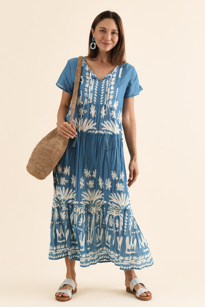 Nona Blue Beach Crinkle Cotton Maxi Dress,Front,Brunette model,alt text|model:Cara