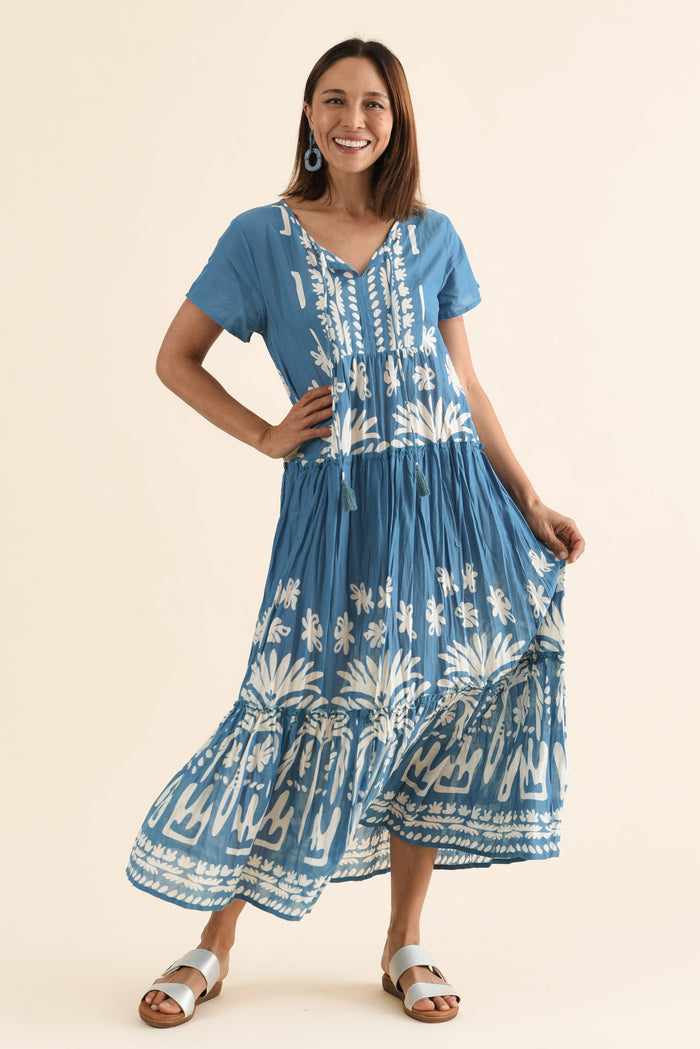 Nona Blue Beach Crinkle Cotton Maxi Dress,Full Body,Brunette model,alt text|model:Cara