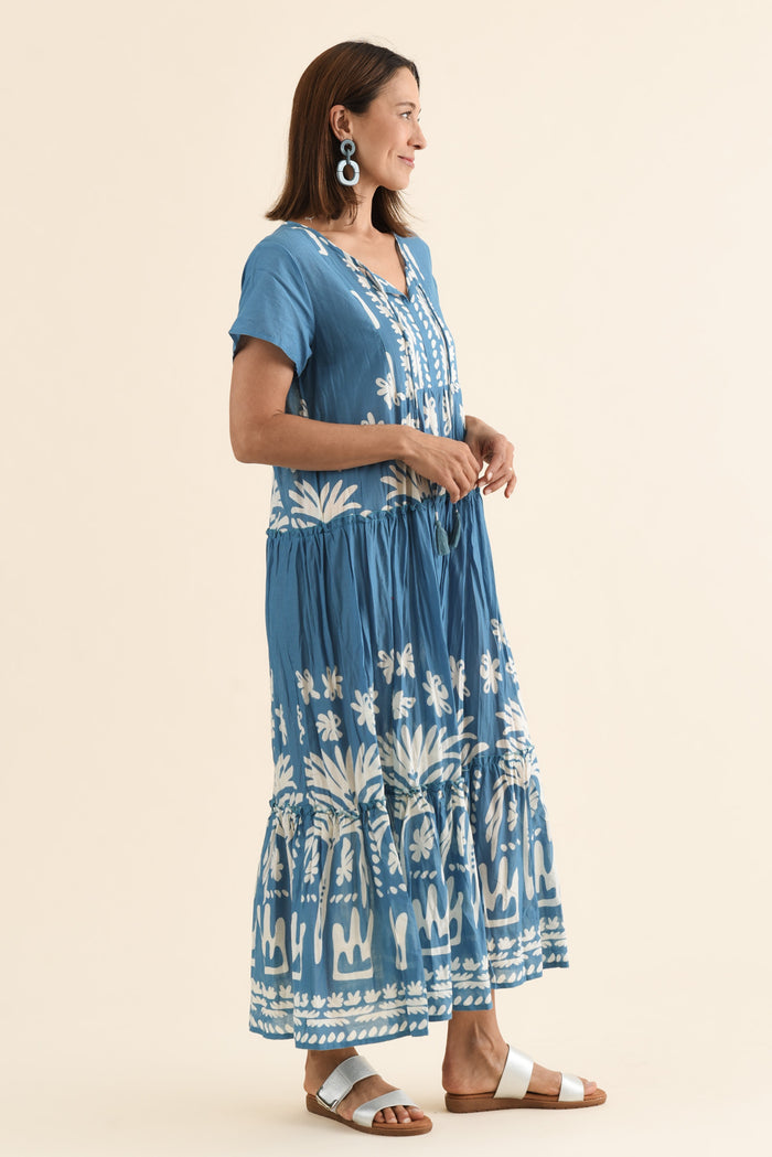 Nona Blue Beach Crinkle Cotton Maxi Dress,Side,Brunette model,alt text|model:Cara