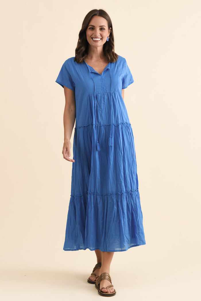 Nona Blue Crinkle Cotton Maxi Dress,Brunette model,alt text|model:MJ