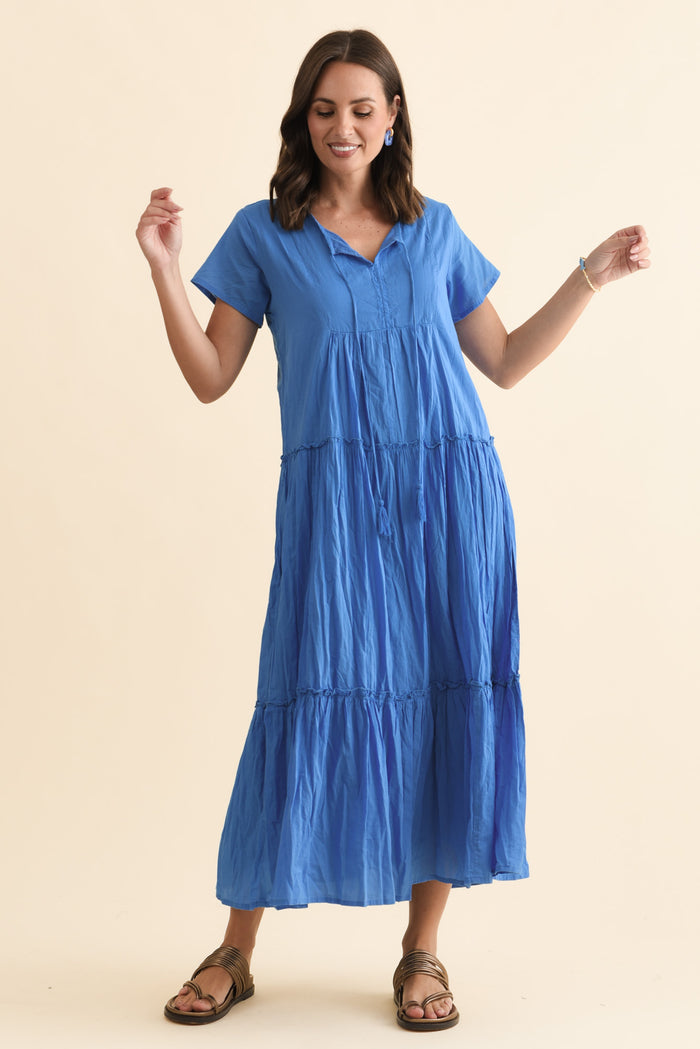 Nona Blue Crinkle Cotton Maxi Dress,Brunette model,alt text|model:MJ