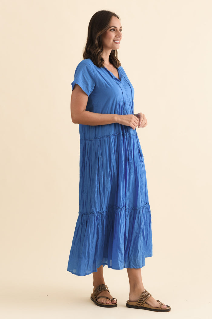 Nona Blue Crinkle Cotton Maxi Dress,Brunette model,alt text|model:MJ
