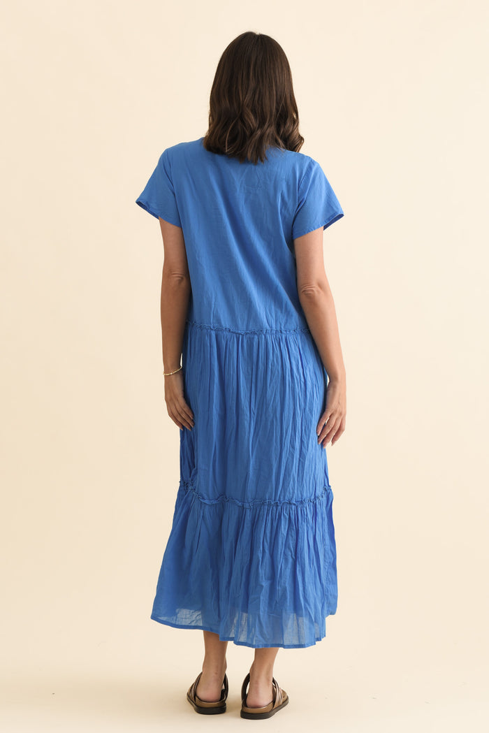 Nona Blue Crinkle Cotton Maxi Dress,Brunette model,alt text|model:MJ