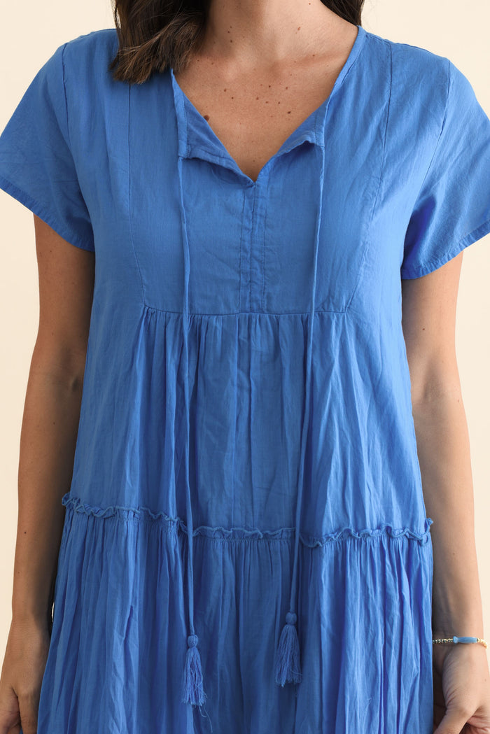 Nona Blue Crinkle Cotton Maxi Dress,Brunette model,alt text|model:MJ