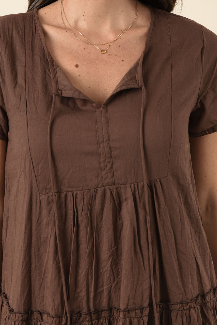 Nona Chocolate Crinkle Cotton Maxi Dress,Brunette model,alt text|model:MJ