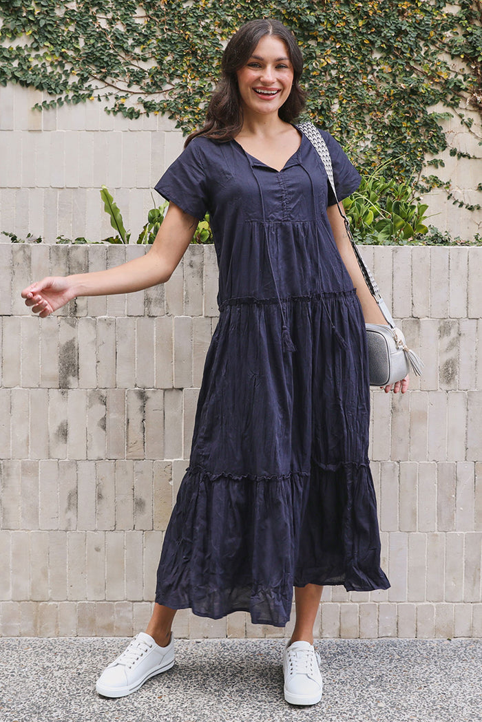 Nona Navy Crinkle Cotton Maxi Dress,Lifestyle