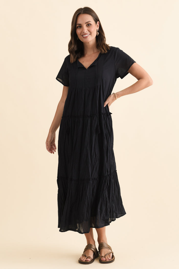 Nona Navy Crinkle Cotton Maxi Dress,Brunette model,alt text|model:MJ