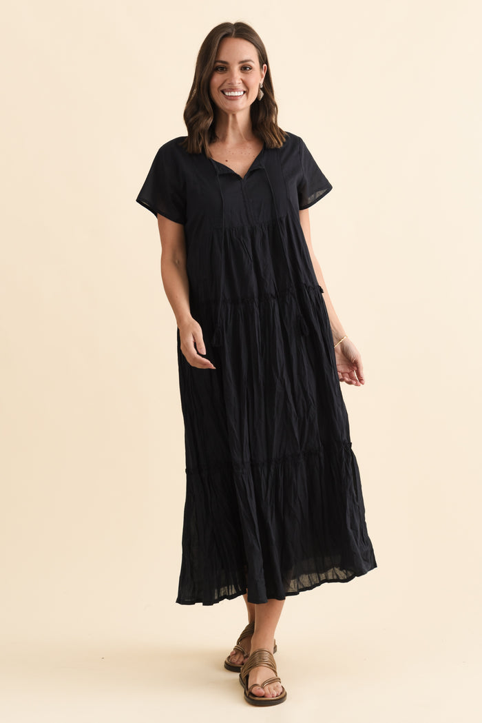 Nona Navy Crinkle Cotton Maxi Dress,Brunette model,alt text|model:MJ