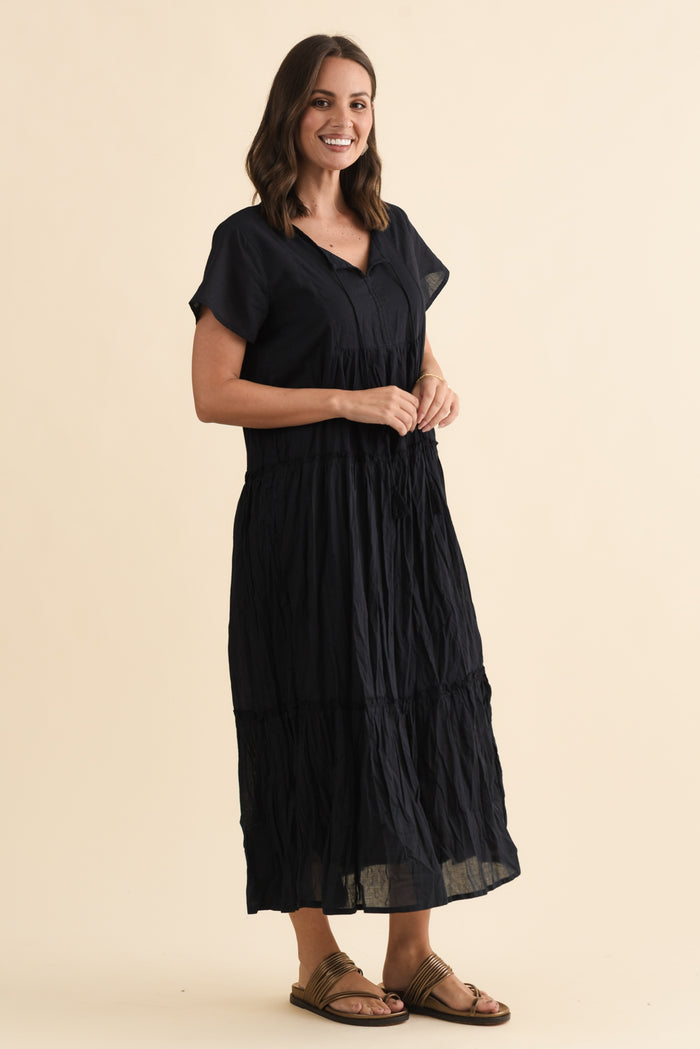 Nona Navy Crinkle Cotton Maxi Dress,Brunette model,alt text|model:MJ